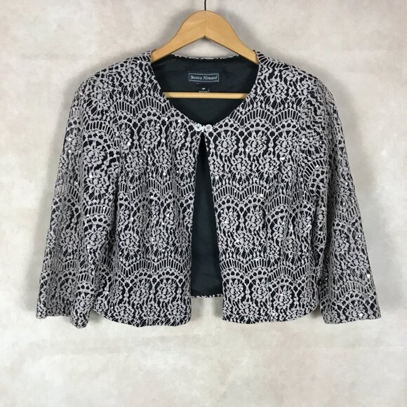 JESSICA HOWARD Tan/Black Lace Shrug Cardigan, 12P - Picture 5 of 13